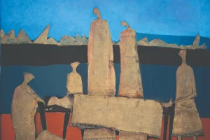 <b>Haren Thakur</b><br>Mourning<br>Mixed Media on Massonite<br>23 x 26 Inches<br>1980