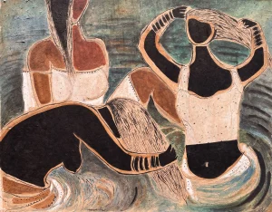 <b>Haren Thakur</b><br>Three Bathers<br>Mixed Media on Paper<br>20 x 26 Inches<br>2000