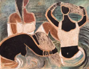 <b> Haren Thakur </b><br>Three Bathers<br>Mixed Media on Paper<br>20 x 26 Inches<br>2000
