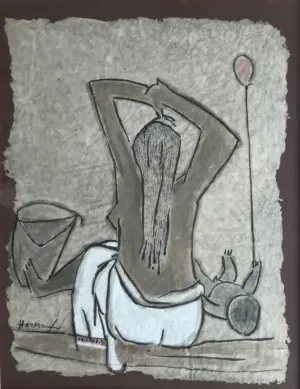 <b> Haren Thakur </b><br>Nature Bathers<br>Watercolor on Rice Paper<br>26 x 20.5 Inches<br>2010