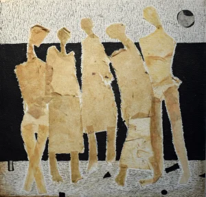 <b>Haren Thakur</b><br>Gossiping<br>Mixed Media on Canvas<br>8 x 8 Inches<br>2022