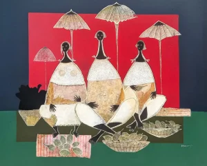 <b>Haren Thakur</b><br>Vegetable Sellers<br>Mixed Media on Canvas<br>37 x 46 Inches<br>2024