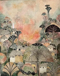 <b>Haren Thakur</b><br>Structure Within Nature<br>Mixed Media on Canvas<br>60 x 48 Inches<br>2024