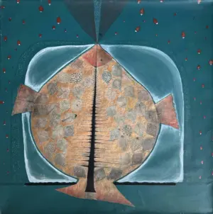 <b> Haren Thakur </b><br>Mother Fish<br>Mixed Media on Canvas<br>36 x 36 Inches<br>2011