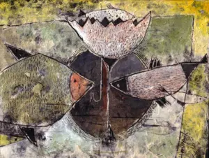 <b>Haren Thakur</b><br>Underwater Creatures<br>Mixed Media on Paper board<br>10.5 x 7.5 Inches<br>2005