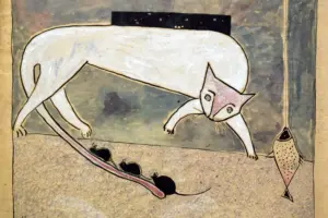 <b>Haren Thakur</b><br>Confused Cat<br>Watercolour and Ink on Rice Paper<br>24 x 30 Inches<br>2025