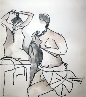 <b> Haren Thakur </b><br>2 Bathers<br>Ink Drawing and Watercolor on Paper<br>12 x 11 Inches<br>2007