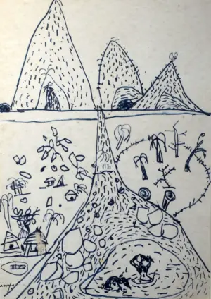 <b> Haren Thakur </b><br>Hills and River<br>Ink Drawing on Paper<br>7.5 x 5 Inches<br>2010