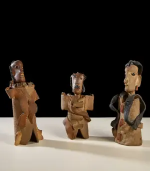 <b>G.Reghu</b><br>Untitled<br>Ceramic<br>12 x 6 x 5 Inches (Left)<br>10 x 5 x 3 Inches (Middle)<br>12 x 6 x 5 Inches (Right)<br>2024