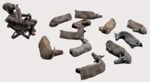 <b>G.Reghu</b><br>Untitled<br> Bronze<br>Cows: Ranging from 5.25 x 13 x 8 Inches to<br>5 x 17.5 x 6.78 Inches <br>Smoking Figure: 20 x 12 x 17 Inches<br>Unknown