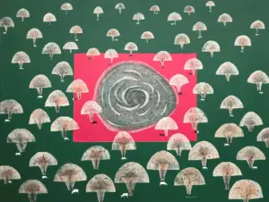 <b> Haren Thakur </b><br>Rhythm of Nature<br>Mixed Media on Canvas<br>50 x 66 Inches<br>Unknown