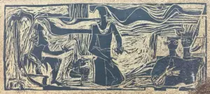 <b>Jatin Das</b><br>Royal Court-Three Figures<br>Linocut<br>10 x 22 Inches<br>1962