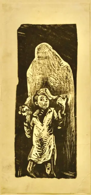 <b> Somnath Hore</b><br>Fear<br>Woodcut on Paper<br>6.8 x 3.3 Inches<br>1947