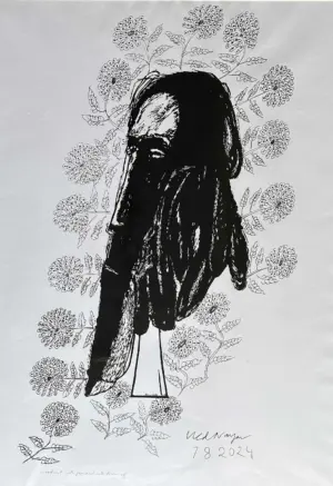<b>Ved Nayar</b><br>Untitled<br>Woodcut with Pen & Ink on Paper<br>28.9 x 20.9 Inches<br>2024