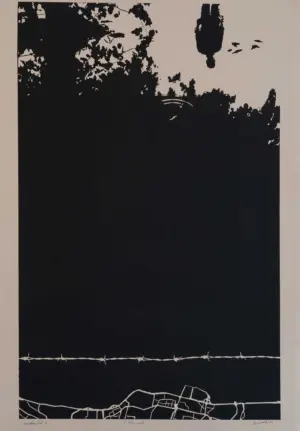 <b>Debashish Mukerjee</b><br>Mirror Land<br>Hand Painted woodcut print<br>39 x 24.5 Inches<br>2024
