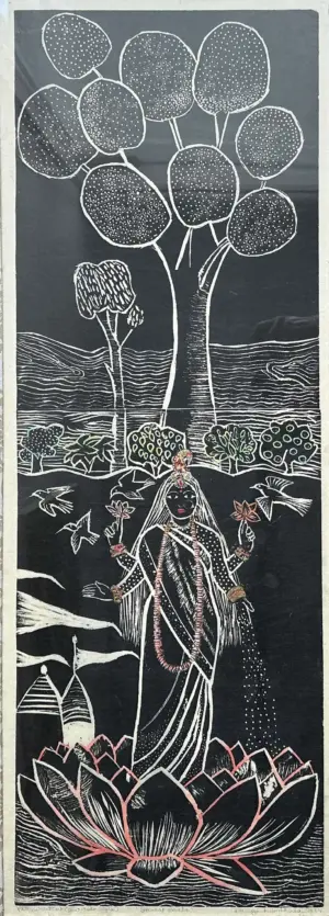 <b>Durga Kainthola</b><br>Bharat Maata<br>Woodcut on Japanese rice paper, Watercolor, Gold Foil and Sequins<br> 36 x 12 Inches<br>2024