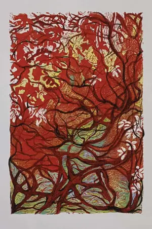 <b>Kavita Nayar</b><br>Blooms of Bliss<br>Woodcut with Watercolours<br>17.7 x 11.8 Inches<br>2024