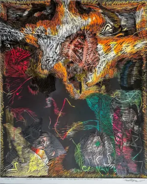 <b>Ramesh Kandagiri</b><br>Thus Gods Absconded from Their Apparent Sites and Beame Occult<br>Woodcut on Mixed Media<br>29 x 22 Inches<br>2024