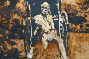 <b>Sanjay Das</b><br>Urban Relic - I<br>Handpaint on Woodcut Print<br>24 x 36 Inches<br>2024