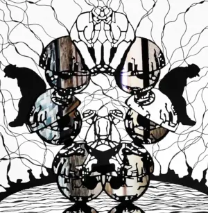 <b>Shovin Bhattacharjee</b><br>Urban Genesis<br>Block Print on Paper and Mirror<br>30 x 27 Inches<br>2024