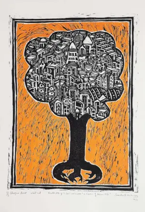 <b>Surender K. Mishra</b><br>Earth Policy - Bat Vriksha and Vision of Dream City<br>Woodcut and Acrylic Colour<br>19.5 x 15.5 Inches <br> Edition - 1/3<br>2024