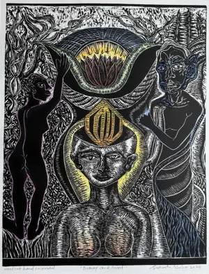 <b> Sushanta Guha</b><br>Beauty and Beast<br>Woodcut handcoloured<br>20.5 x 15.8 Inches<br>2024
