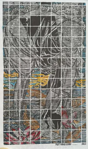 <b>Walter D'Souza</b><br>Put Your Story<br>Woodcut on Paper<br>30 x 18 Inches<br>2023