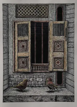 <b>Annu Gupta</b><br>Birds on Threshold<br>Woodcut and Handpainted (Watercolour)<br>30 x 24 Inches<br>2024