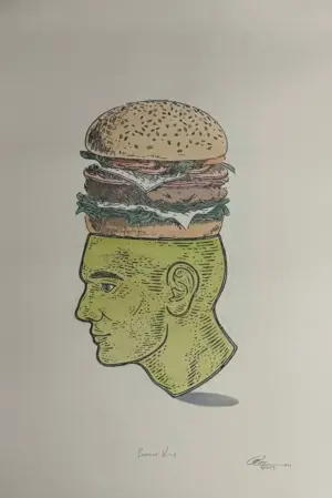 <b>Dushyant Patel</b><br>Burger King<br>Hand Painted Woodblock Print<br>5 x 8 Inches<br>2024