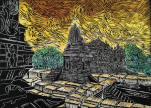 <b>Gaurang Garg</b><br>Khajuraho Temple<br>Hand Paint Woodcut Print<br>18 x 24 Inches<br>2024