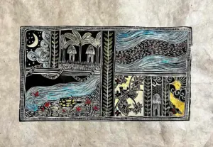 <b>Prachi Sahastrabhude</b><br>On the way to home<br>Handpainted Woodcut on Rice paper<br>7 x 13 Inches<br>2024