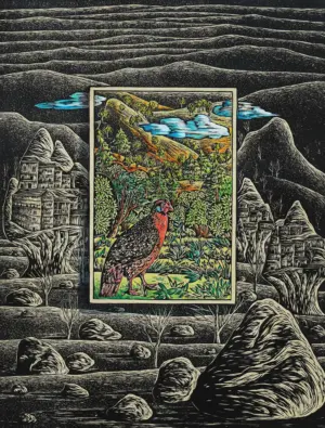 <b>Preeti Singh</b><br>Disappering Echoes<br> Wood and Watercolour<br> 23 x 17.5 Inches<br>2024