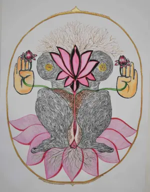 <b>Priyanka Batra</b><br>Sacred Embrace - I<br>Woodcut and Painting<br>35.4 x 29.5 Inches<br>2024