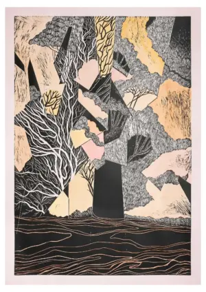 <b> Priyanshu Chaurasia</b><br>Nature?s Duality<br>Woodcut print with Watercolour<br>24 x 36 Inches<br>2024
