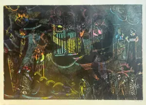 <b>Sachin Nimbalkar</b><br>Black Cloud<br>Woodcut and Digital Print<br>26 x 18 Inches<br>2024