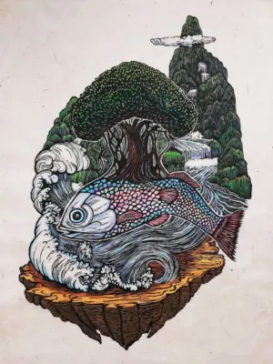 <b>Sonam Chaprana</b><br>Matsyavatarasya Pradurbhavah<br>Unique Woodcut Print Handcoloured with Gouache on Rice Paper<br>24 x 18 Inches<br>Unknown