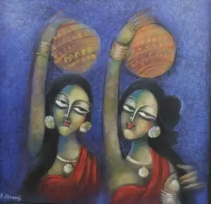 <b>A.Selvaraj</b><br>Sisters<br>Acrylic on Canvas<br>36 x 36 Inches<br>Unknown