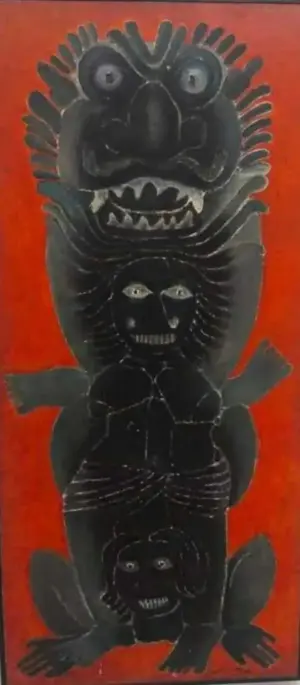 <b>D. Venkatapathy</b><br>Under the Mask-Totem<br>Oil on Canvas<br>24 x 48 Inchess<br>Unknown