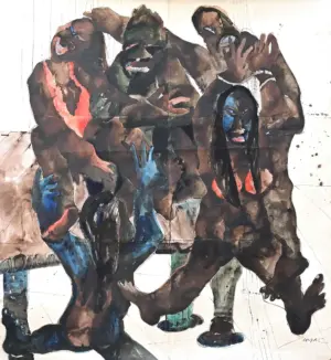 <b>Jaya Ganguly</b><br>Captive<br>Mixed Media on Paper<br> 65 x 59.5 Inches<br>1982