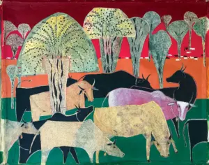 <b> Haren Thakur </b><br>Godhuli (Cows Returning Home in the Evening)<br>Mixed Media on Canvas<br>35 x 45 Inches<br>2020