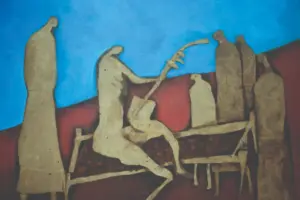 <b> Haren Thakur </b><br>Musician<br>Mixed Media on Massonite Board<br>26 x 30 Inches<br>1980