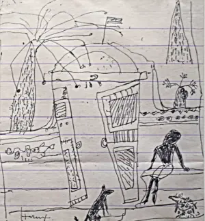 <b> Haren Thakur </b><br>House Door<br>Drawing on Paper<br>4 x 4 Inches<br>1999
