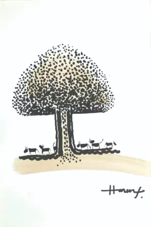 <b>Haren Thakur</b><br>Cattle Under the Tree<br>Drawing on Paper<br>9 x 6 Inches<br>2021