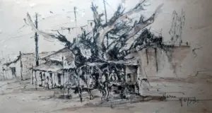 <b>Haren Thakur</b><br>Outdoor Sketch<br>Ink and Watercolour on Paper<br>7 x 10 Inches<br>1973