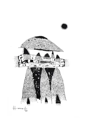 <b>Haren Thakur</b><br>Cosmic Rocks<br>Ink on Paper<br>8 x 6 Inches<br>2021