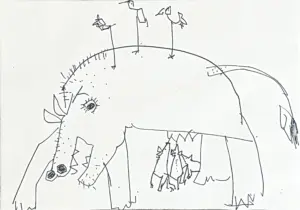 <b>Haren Thakur</b><br>Mother Pig<br>Drawing on Paper<br>7 x 10 Inches<br>2009