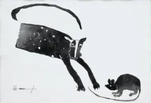 <b> Haren Thakur </b><br>Fearful Mouse<br>Black Ink on Handmade Paper<br>12 x 18 Inches<br>2009