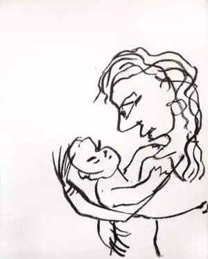 <b> Haren Thakur </b><br>Mother's Affection<br>Charcoal Drawing on Paper<br>14 x 11 Inches<br>2018