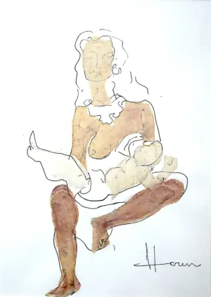 <b>Haren Thakur</b><br>Mother and Child<br>Drawing and Watercolor on Paper<br>10 x 6.5 Inches<br>2017