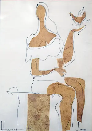 <b>Haren Thakur</b><br>Lady with Bird<br>Colour Drawing on Paper<br>10 x 6.5 Inches<br>2016